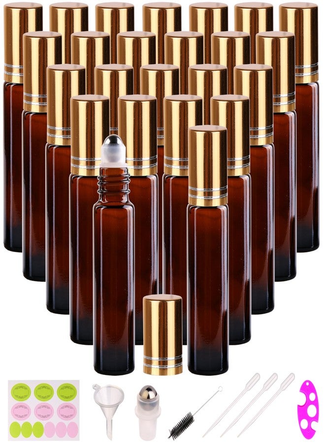 inice 24 Pack Roller Bottles for Essential Oils, Amber Galss 10ml Roll On Bottle with Stainless Steel Roller Balls and Metal Caps - Image 1